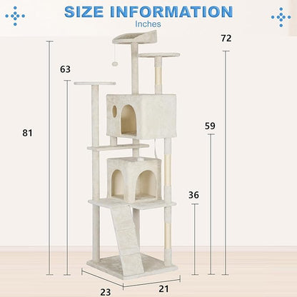 FDW Cat Tree Tower 81in Multi-Level Durable Cat Scratching Post &amp; Cozy Fun Jumping Platform Space Saving Condo Pet Play House for Indoor Cats,Beige