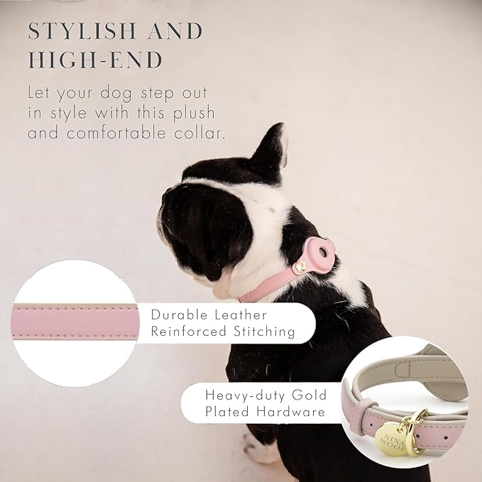 Cupertino Dog Collars, Harnesses &amp; Leashes Made from Vegan Leather with Dog Tracker Device Holder Adjustable Dog Collar (Medium, Pink)