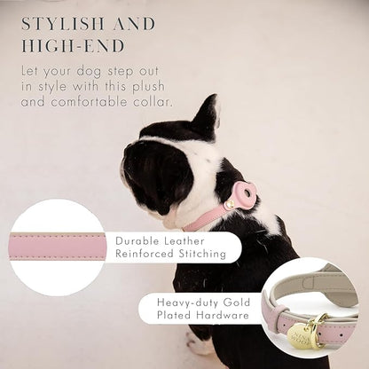 Cupertino Dog Collars, Harnesses &amp; Leashes Made from Vegan Leather with Dog Tracker Device Holder Adjustable Dog Collar (Medium, Pink)
