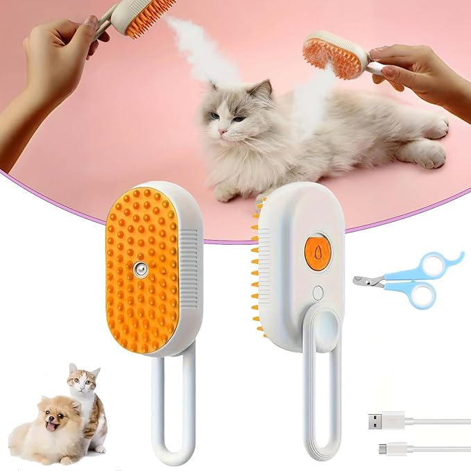 4 in 1 Pet Steam Brush, Cat Steam Brush, Quick &amp; Easy Pet Hair Remover, Massaging &amp; Deshedding - Anti-Static, Moisturizing, USB Rechargeable for Dogs &amp; Cats (White)
