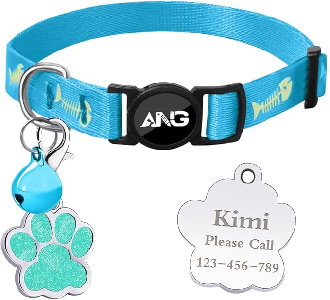 Personalized Breakaway Cat Collars Glow-in-The-Dark with ID Tag, Bell - Safety Quick - Release, Customizable for Female Male Kittens &amp; Cats (Blue)
