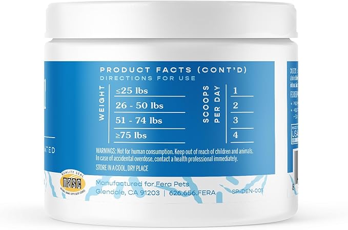 Fera Pets Cat &amp; Dog Dental Support Powder - Supports Fresh Breath - Promotes Healthy Teeth and Gums - Targets Tartar Build-Up - Includes Kelp, Enzymes &amp; Postbiotics - 60 Scoops