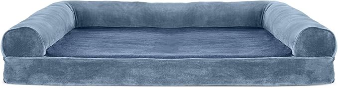 Furhaven Orthopedic Dog Bed for Large Dogs w/ Removable Bolsters &amp; Washable Cover, For Dogs Up to 95 lbs - Faux Fur &amp; Velvet Sofa - Harbor Blue, Jumbo/XL