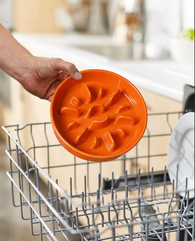 LE TAUCI Ceramic Slow Feeder Puzzle Bowl Elevated 1.5 Cup with Wooden Stand for Small &amp; Medium Dog, Fast Eater Food Bowl Sun Orange