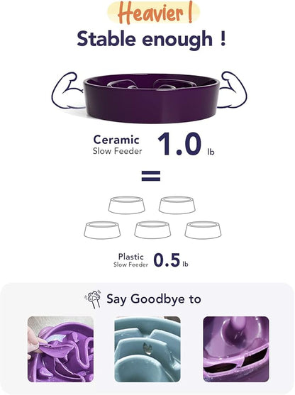 LE TAUCI Ceramic Slow Feeder Dog Bowls Small Breed, 0.6 Cups Dog Food Dish for Fast Eaters, Puzzle Bowl for Small Dogs and Cats,Purple