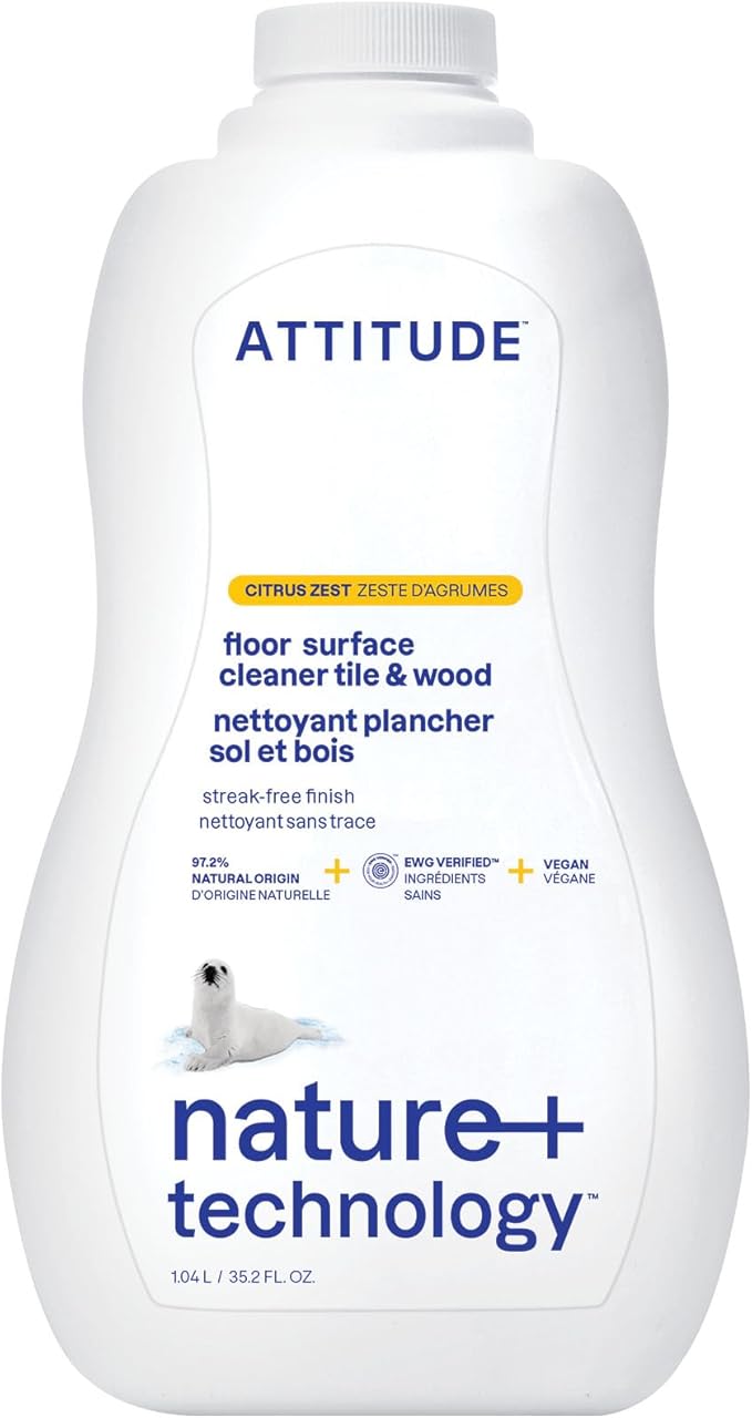 ATTITUDE Floor Cleaner, EWG Verified, Streak-Free, Vegan &amp; Plant-Based for Tile, Wood &amp; Laminate Floors, Citrus Zest Scent, 35.2 Fl Oz