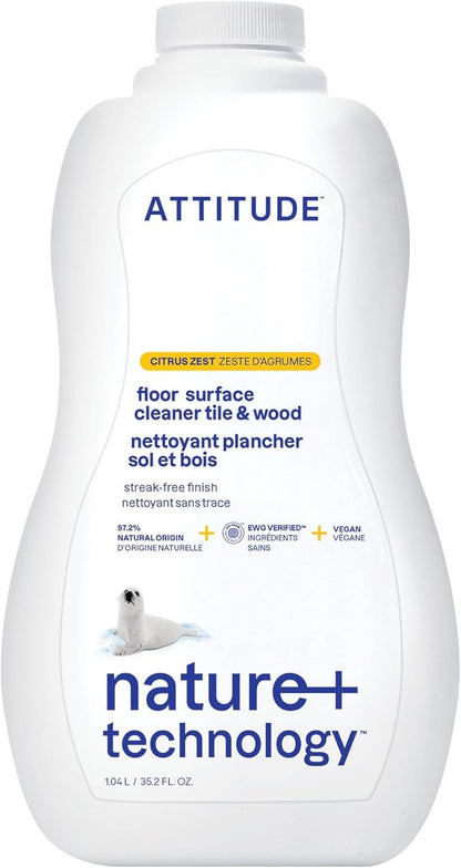 ATTITUDE Floor Cleaner, EWG Verified, Streak-Free, Vegan &amp; Plant-Based for Tile, Wood &amp; Laminate Floors, Citrus Zest Scent, 35.2 Fl Oz