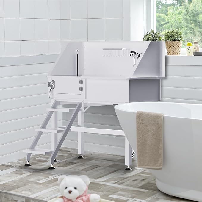 38" Dog Washing Station, Professional Stainless Steel Dog Bathing Station Dog Bathtub for Large &amp; Medium Dog, Height Adjustable Dog Grooming Tub with Storage Basket, Movable Stair (Left Stair)