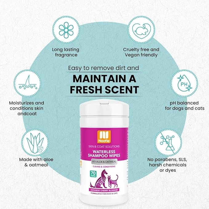Nootie Waterless Shampoo Wipes for Dogs &amp; Cats - Long Lasting Japanese Cherry Blossom Fragrance - Sold in Over 10,000 Vet Clinics and Pet Stores Worldwide, Made in USA - 70 Count