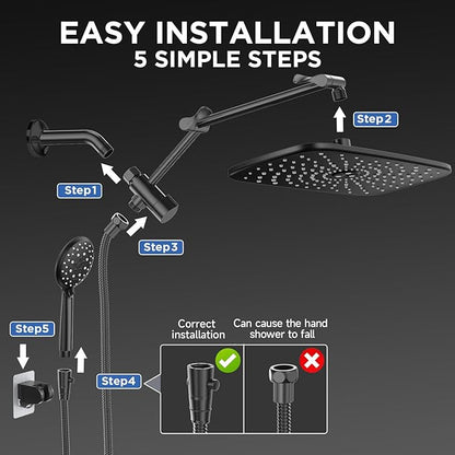 Veken Wide Rain Shower Head with 6 Modes Handheld Water Spray，High Pressure Showerhead Combo with Arm for Bathroom Accessories，Home Decor Adjustable Dual Shower with Anti-Clog Nozzles，Matte Black