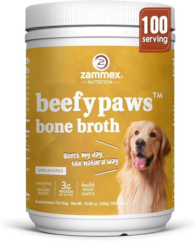 Zammex Grass-Fed Beef Bone Broth Protein Powder for Dogs &amp; Cats - Joint &amp; Bone Support, Healthy Fur Enhancer, Pet Food Topper for Dry &amp; Wet, 10.58oz