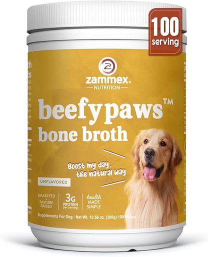 Zammex Grass-Fed Beef Bone Broth Protein Powder for Dogs &amp; Cats - Joint &amp; Bone Support, Healthy Fur Enhancer, Pet Food Topper for Dry &amp; Wet, 10.58oz