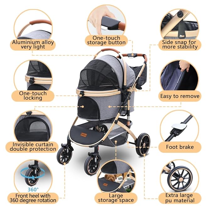 Pettingzoo Dog stroller with 4 Wheels, Folding Cat Stroller for Small/Medium/Large dogs &amp; cats to 60 lbs, pet stroller with removable carrier, Storage BasketCup Holder,3 in1 Multifunctional Detachable