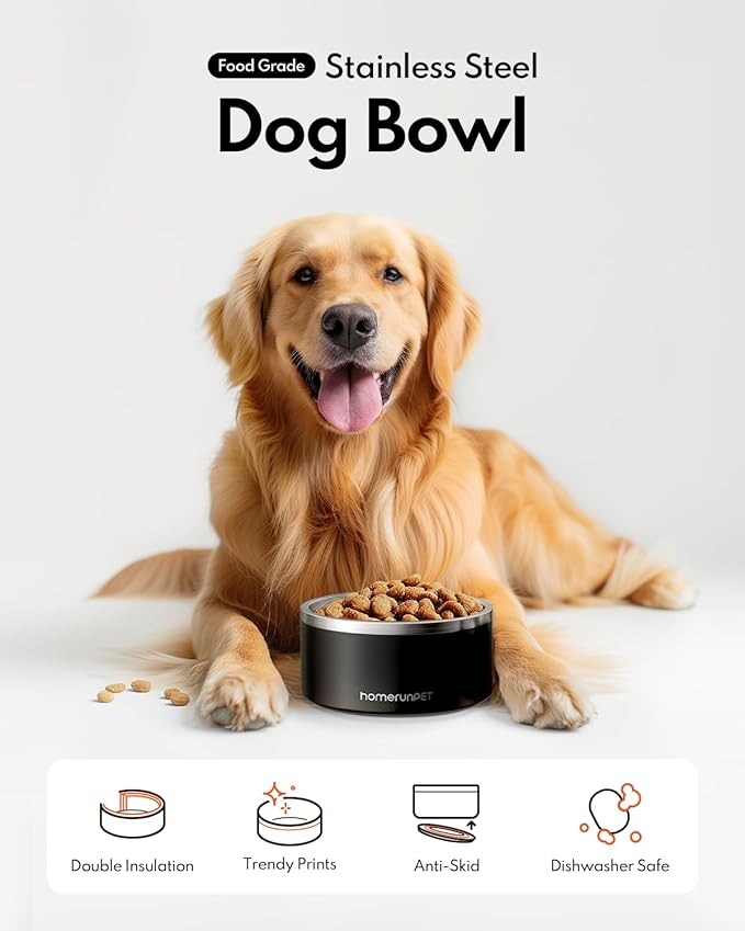 Homerunpet Double Wall Stainless Steel Dog Bowls, Non-Slip Base, Dishwasher Safe, Durable Pet Food &amp; Water Bowl for Dogs &amp; Cats(32oz, Black)