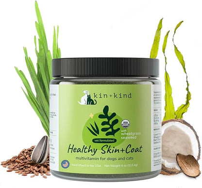 kin+kind Organic Multivitamin for Dogs &amp; Cats - Pet Supplement for Healthy Skin and Coat - Safe, Natural Formula with Wheatgrass, Kelp, Seaweed and Coconut - Made in USA - 4oz (Medium)