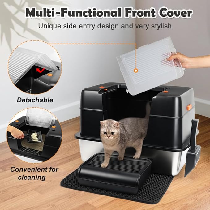 Vivifying Stainless Steel Litter Box, XL Side Entry Extra Large Litter Box with Lid for Big Cats &amp; Kitty, Removable Enclosed Metal Cat Pan with High Sided Enclosure, Scoop, Mat, Footboard (Black)