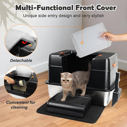 Vivifying Stainless Steel Litter Box, XL Side Entry Extra Large Litter Box with Lid for Big Cats &amp; Kitty, Removable Enclosed Metal Cat Pan with High Sided Enclosure, Scoop, Mat, Footboard (Black)