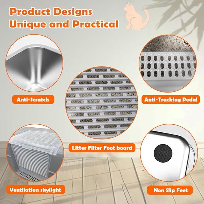 Vivifying Stainless Steel Litter Box with Lid, XL Side Entry Extra Large Litter Box for Big Cats &amp; Kitty, Removable Enclosed Metal Cat Pan with High Sided Enclosure, Scoop, Mat, Footboard (Gray)