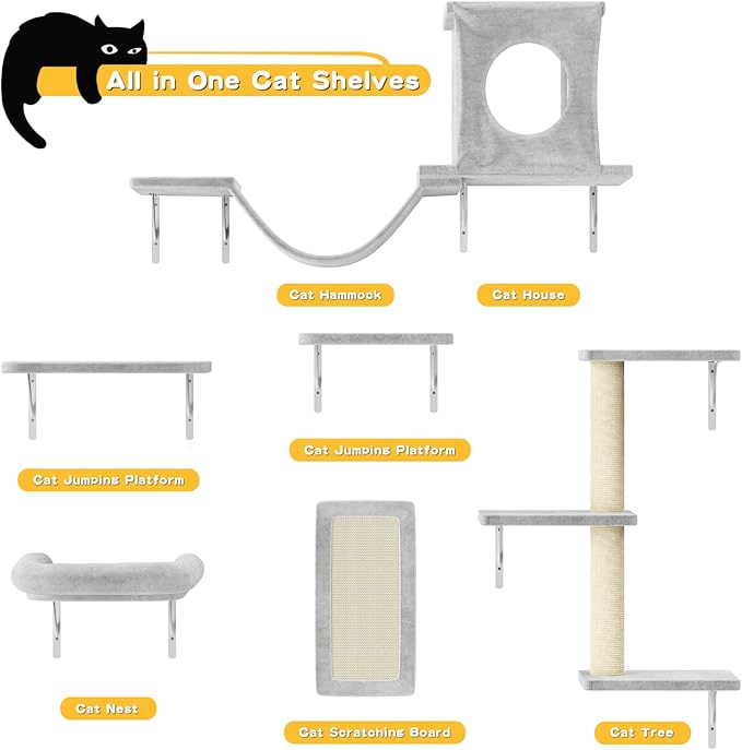 NUNU LAB Wall Mounted Cat Furniture, 6 Pcs Cat Wall Shelves with Condo House, Bridge, Steps, Scratcher, Hammock, Indoor Safe &amp; Stable Furniture for Kittens Play, Gray