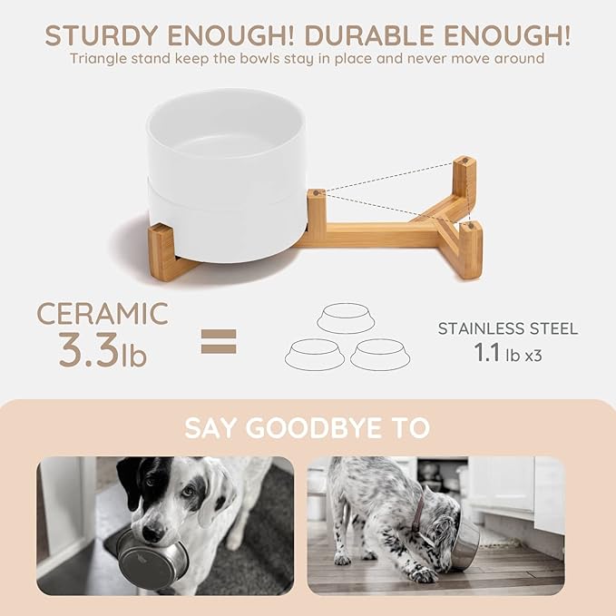 SPUNKYJUNKY Ceramic Dog and Cat Bowl with Wood Stand Non-Slip Matte Glaze Weighted Food Water Set for Cats &amp;Small Dogs 13.5 OZ
