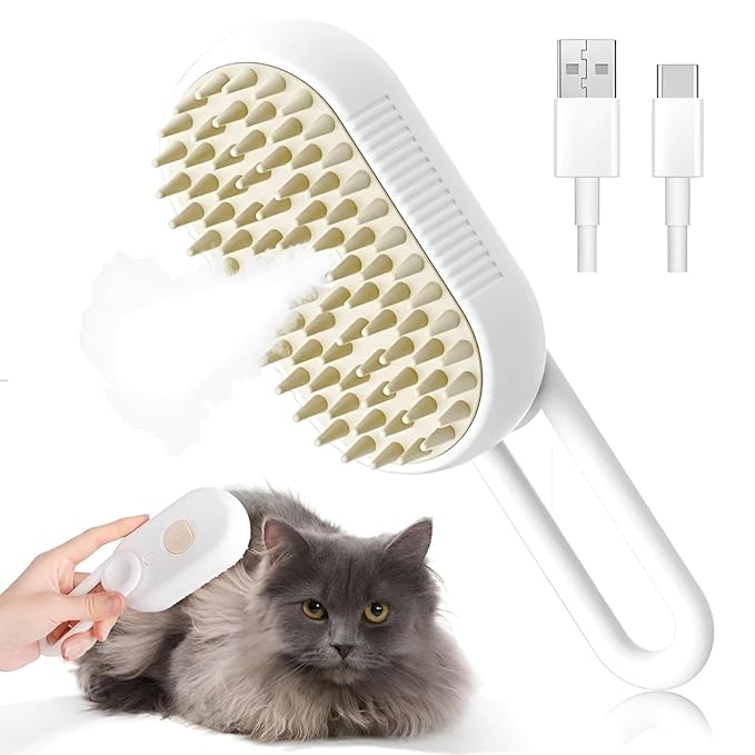 4-in-1 Cat Steam Brush for shedding – Self-Cleaning Comb for Long and Short Hair Cats and Dogs, Steam Pet Brush for Hair Removal, Vibrating Message, Grooming &amp; Relaxation (White)