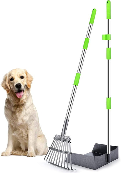 TNELTUEB Extra Large Dog Pooper Scooper, Metal Pet Poop Tray &amp; Rake Set, Adjustable Long Handle for Large Dogs - Great for Grass/Street/Gravel