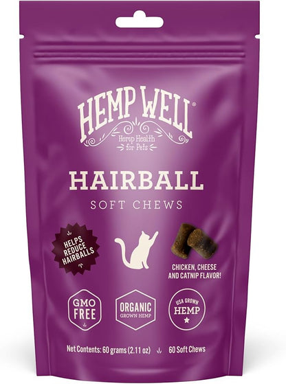 Hemp Well Cat Hairball Soft Chews for Cats, Organic USA Grown, Chicken Cheese &amp; Catnip Flavor!
