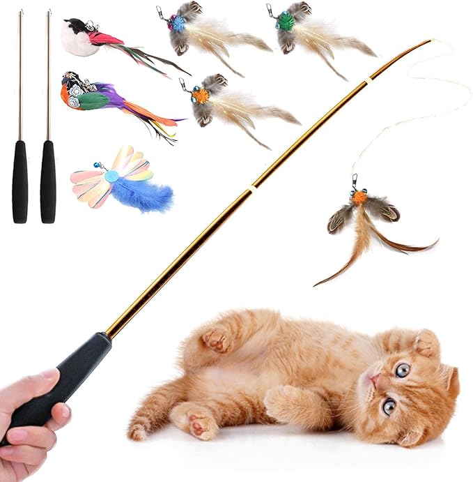 Interactive Cat Wand Toys Set, 2PCS Cat Teaser with 6 Replacement Birds, Feathers &amp; Bells for Indoor Play