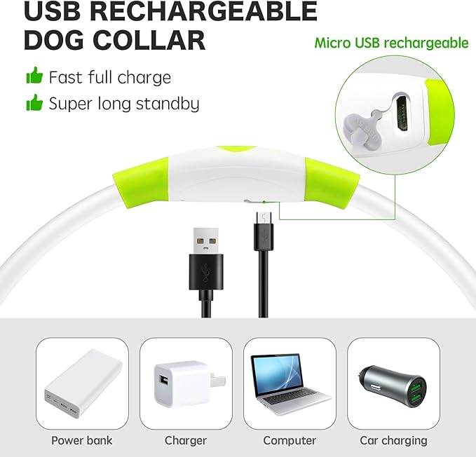 BSEEN Light Up Dog Collar - Rainproof Rechargeable LED Dog Collar - TPU Cuttable Glowing Pet Collar for Small Dogs&amp; Cats - Puppy Safety Dog Lights for Night Walking (XS- Green 40cm)