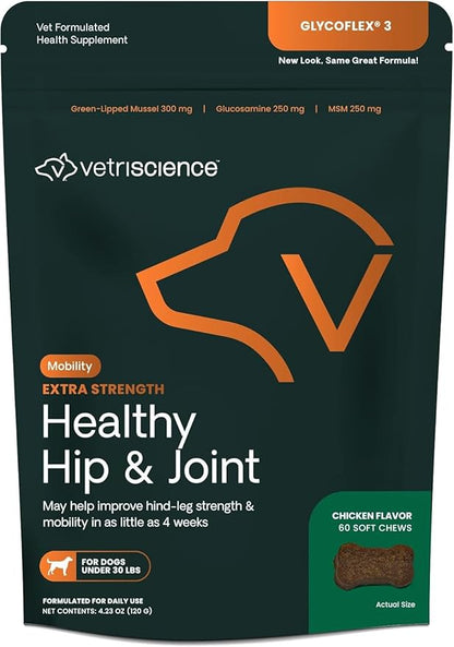 VetriScience Glycoflex 3 Clinically Proven Hip and Joint Support Supplement for Small Dogs - Maximum Strength Dog Supplement with Glucosamine, MSM, Green Lipped Mussel &amp; DMG - 60 Chews,Chicken Flavor