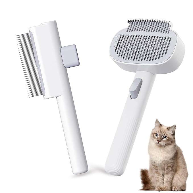 Pet Grooming Combo with Release Button - 2-in-1 Pet Detangling Brush and Cat Dematting Comb with Long &amp; Short Stainless Steel Metal Teeth Easy to Remove Loose Undercoat,Matted Fur &amp; Tangles