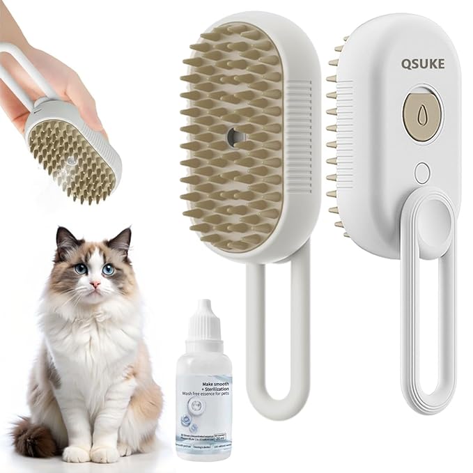 3 in 1 Cat Steam Brush, Pet Steam Cats Brushes Rechargeable Anti-Static Grooming Brushe, Vibration Massage Cleaning Shedding &amp; Combing Multifunctional Hair Removal Comb for Cats Dog (White)