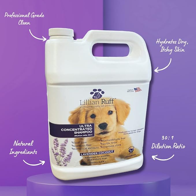 Lillian Ruff High Concentrate Professional Grooming Shampoo for Dogs with Hydrating Essential Oils – 30:1 Concentration for Bathing System - Clean, Condition, &amp; Deodorize Dry Sensitive Skin (Gallon)