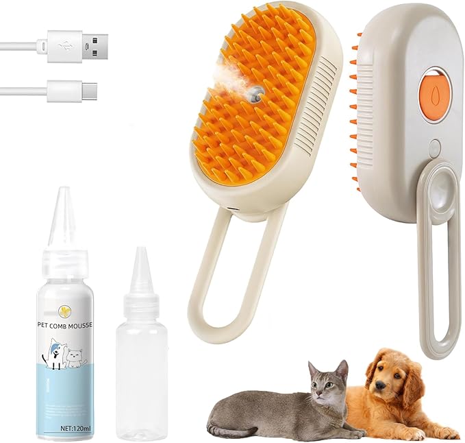 4-in1 Cat Steam Brush for Shedding &amp; Grooming, Spray Hair Removal Comb with 1 Waterless Shampoo, Cat Brush for Massage, Pet Grooming Comb Hair Removal Tool for Cats and Dogs