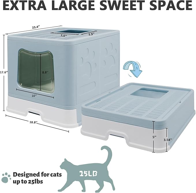 XL Foldable Cat Litter Box with Lid - Jumbo Enclosed Potty - Top Entry Anti-Splashing Toilet - Includes Scoop &amp; 2-in-1 Cleaning Brush (Blue
