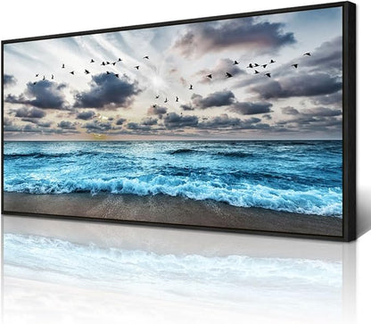 Wapluam Black And White Beach Wall Painting Black Framed Canvas Wall Art For Living Room Wall Decoration For Bedroom Office Wall Decor Blue Sea Wave Pictures Artwork Modern Hotel Room Home Wall Art