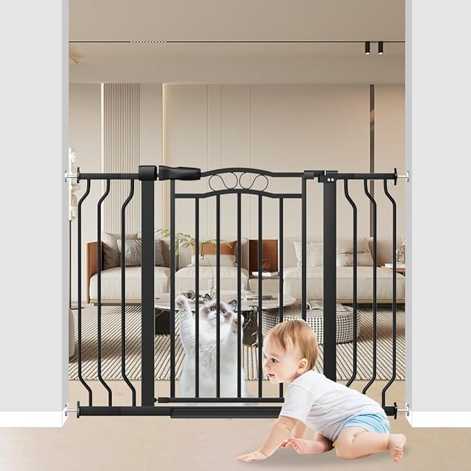 29.53"-43.30" Mornyray Auto-Close Baby Gate Extra Wide, Pressure Mounted Dog &amp; Pet Gate for Stairs Doorways, No Drill Safety Barrier with Lace Design, Metal Child Proof Gate Indoor Outdoor, Black