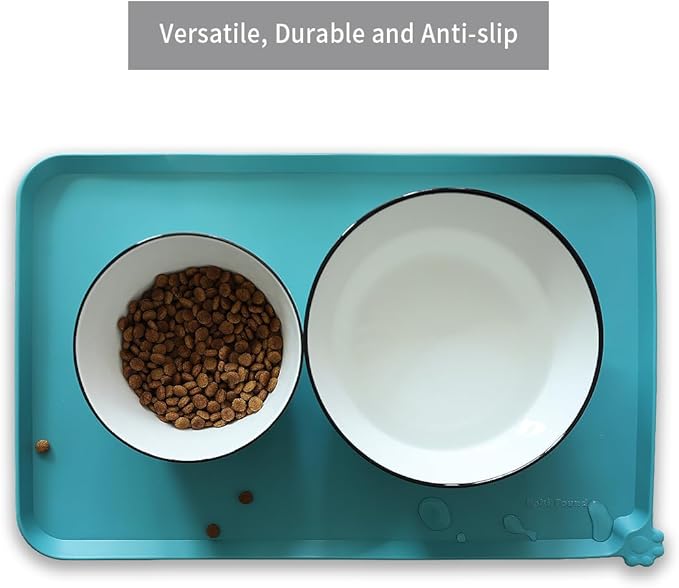 Hoki Found Silicone Pet Food Mats Tray - Non Slip Cat &amp; Dog Bowl Mats - Waterproof &amp; Pet-Friendly for Carpet - Glacier