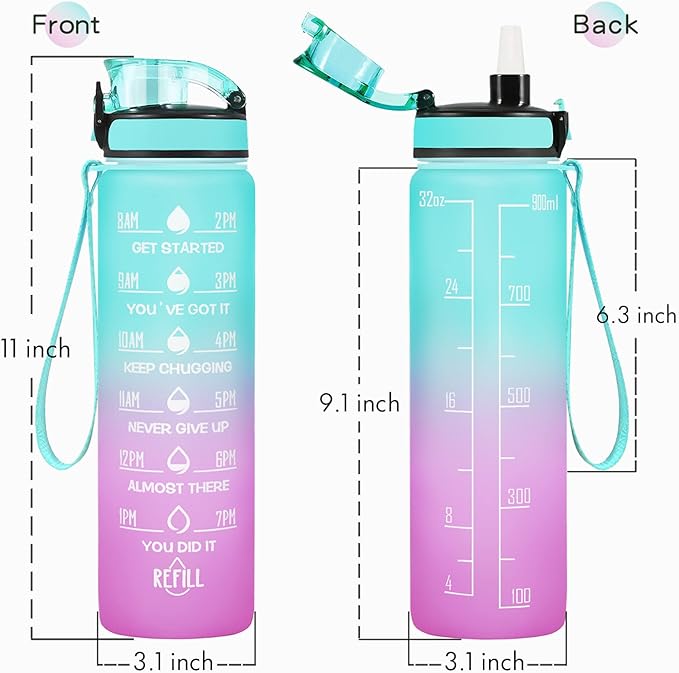 Enerbone Water Bottle, Leakproof BPA &amp; Toxic Free, Motivational Water Bottle with Times to Drink and Straw, Fitness Sports Water Bottle with Strap for Office, Gym, Outdoor Sports