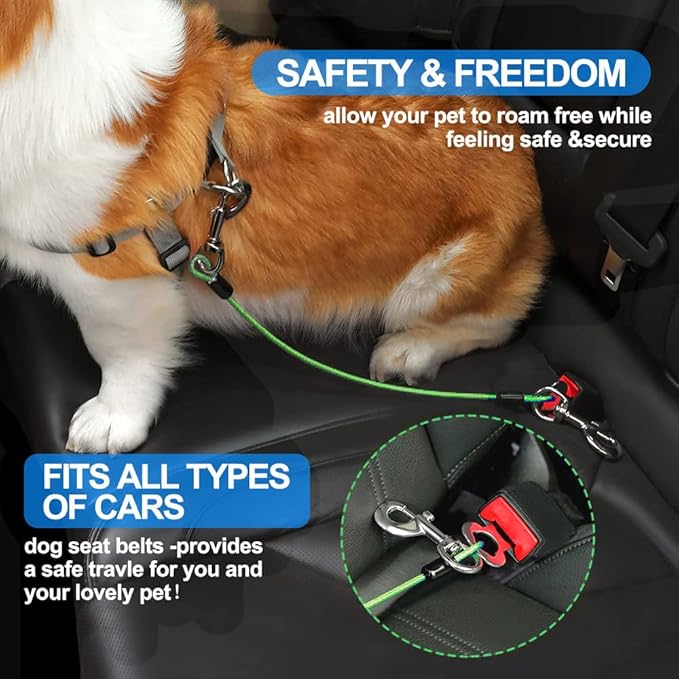 Dog Seat Belt Harness for Car,Dog Seatbelt of Coated Wire Leash Safety Restraint,No Chew Tether Cable Vehicle,Double Clips &amp; Latch(Green, 16 inch/40 CM)