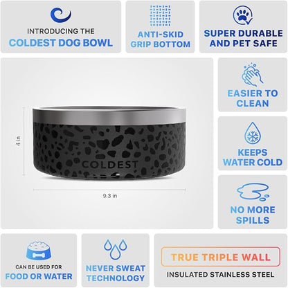 Coldest Dog Bowl - Anti Rust Metal, Non Slip, 3 Layers Insulated Stainless Steel Dog Bowls - Spill Proof &amp; Heavy Duty - Water Bowl for Dogs, Cats &amp; Pets, Dish Washer Safe (100 oz, Black Leopard)