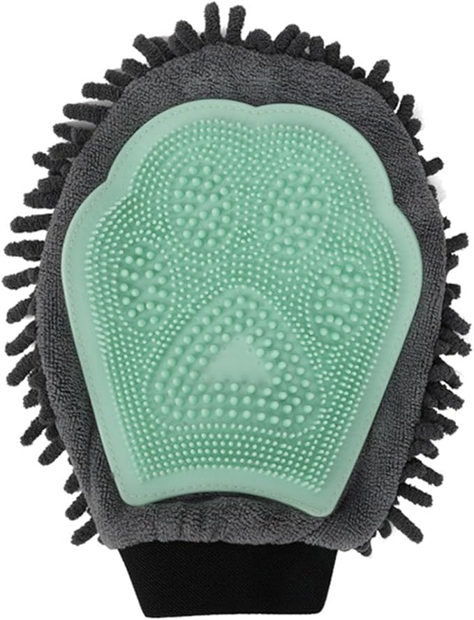 Dual Sided Pet Grooming Glove with Rubber Paw - 2-in-1 Grooming Glove | Fun Dogs &amp; Cats Grooming Tool for Brushing, Massaging, and Scrubbing | Chenille Fabric Side Acts as Pet Bathing(Green)