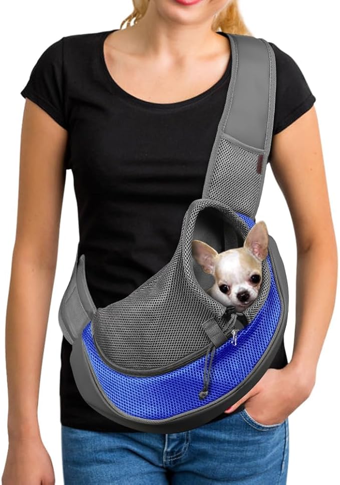YUDODO Pet Sling Carrier for Small Dogs &amp; Cats – Hands-Free Puppy Carrier with Safety Hook, Large Zipper Pocket, Soft Breathable Mesh, Adjustable Strap &amp; Reflective Strip (Blue 1.0 L)