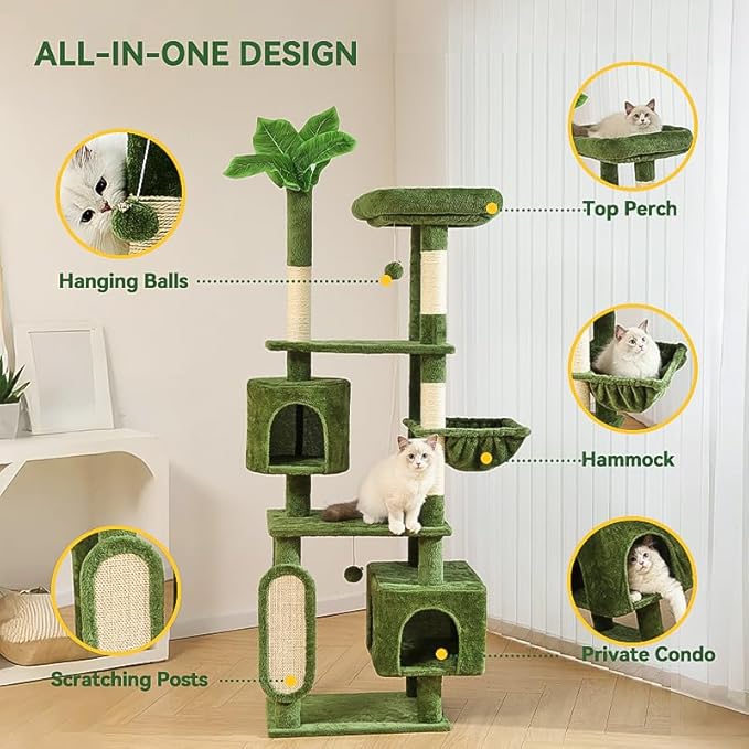 Hoopet 70-Inch Large Cat Tree for Multiple Cats Cat Tower with 2 Condos, Scratching Posts, Hammock &amp; Platform, Plush Perch for Indoor Activity Relaxing Easy Assembly Green
