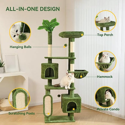 Hoopet 70-Inch Large Cat Tree for Multiple Cats Cat Tower with 2 Condos, Scratching Posts, Hammock &amp; Platform, Plush Perch for Indoor Activity Relaxing Easy Assembly Green