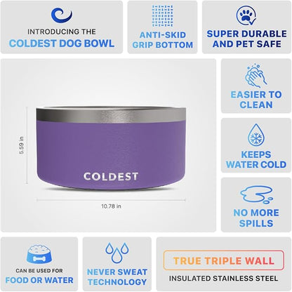 Coldest Dog Bowl - Anti Rust Metal, Non Slip, 3 Layers Insulated Stainless Steel Dog Bowls - Spill Proof &amp; Heavy Duty - Water Bowl for Dogs, Cats &amp; Pets, Dish Washer Safe (200 oz, Galaxy Purple)