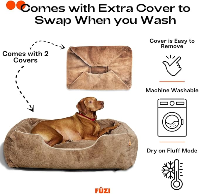 FUZI Luxury Aesthetic Dog Bed with Extra Cover for Large Dogs, Washable Pet Couch, Pet Bed with Sides, Non-Slip Bottom, Soft &amp; Durable Calming Dog Bed, Faux Rabbit Fur, Large 35.6x28.5x9.5 Light Brown