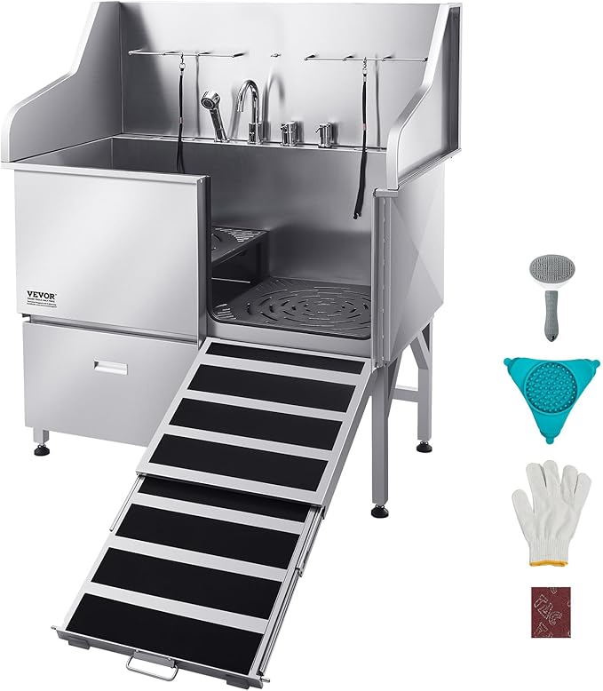 VEVOR Professional 304 Stainless Steel Dog Bathing Station, 50 inch Pet Grooming Tub w/Anti-Slip ramp, Storage Drawer, Cold Hot Faucet Showerhead, for Large &amp; Medium &amp; Small (Right Door, with Drawer)