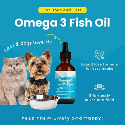 Wild-Caught Omega 3 Fish Oil for Dogs &amp; Cats, Liquid EPA DHA Supplement for Skin, Coat, Joints &amp; Heart, Low-Odor Omega 3 Drops for Small Dog Breeds &amp; Cats with Itchy Skin, 2 oz