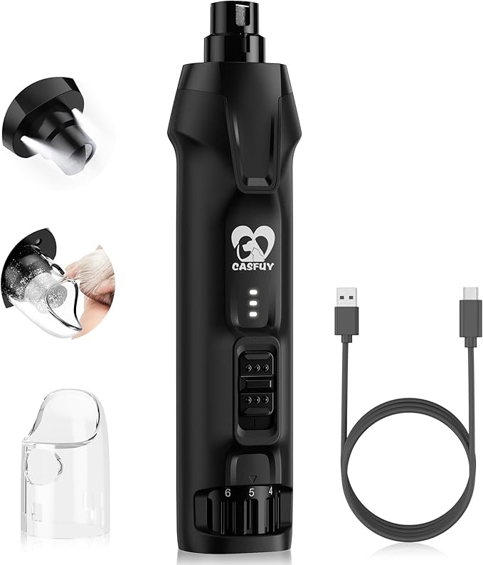Casfuy 6-Speed Dog Nail Grinder – 50%+ Boost Power Dog Nail Trimmers Quiet with Dust Cap &amp; 2 LED Lights &amp; 2000mAh Battery &amp; 4.8V Motor Electric Pet Toenail File Tool for Large Medium Small Dogs Cats